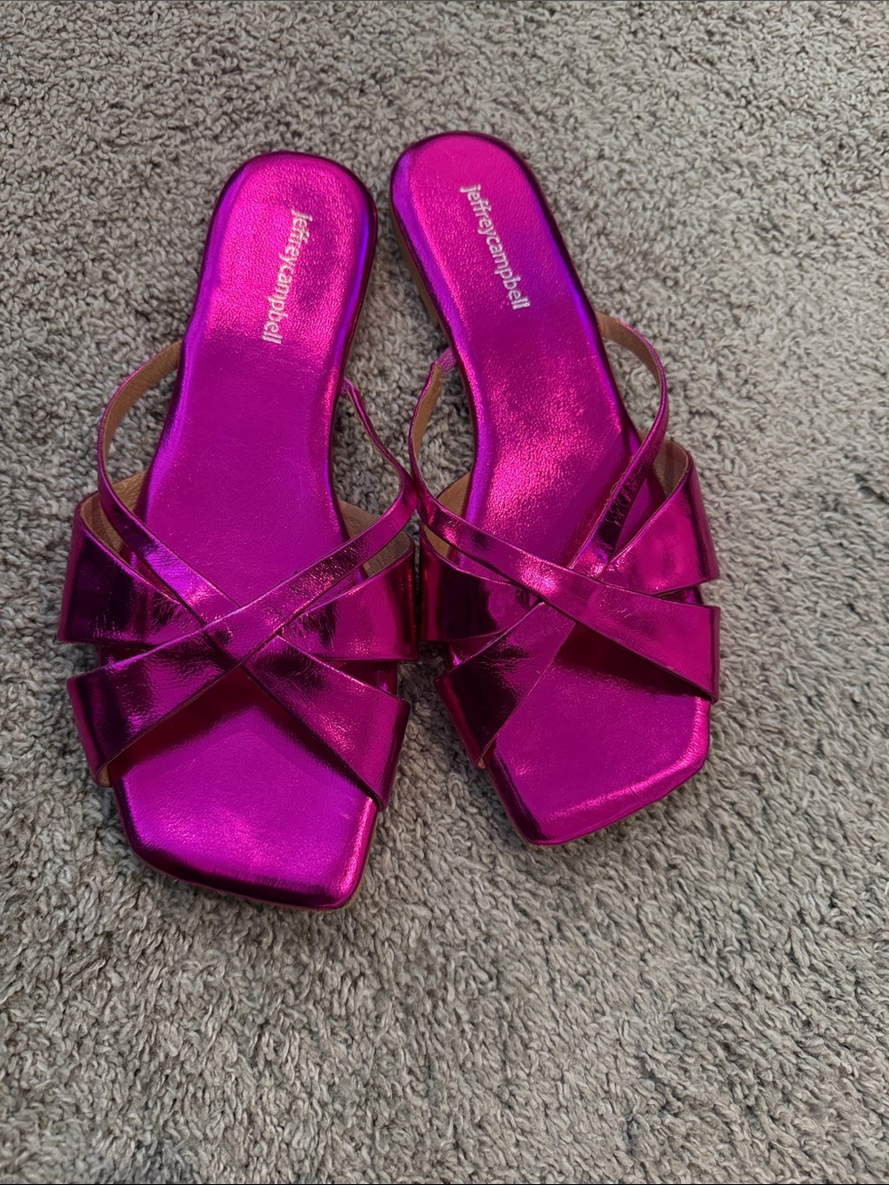 Jeffrey Campbell Metallic Fuchsia Cross-Strap Slide Mules - Picture 4 of 4